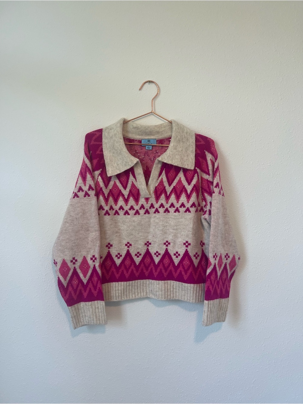 CeCe Pink and Cream Fair Isle Collared Sweater